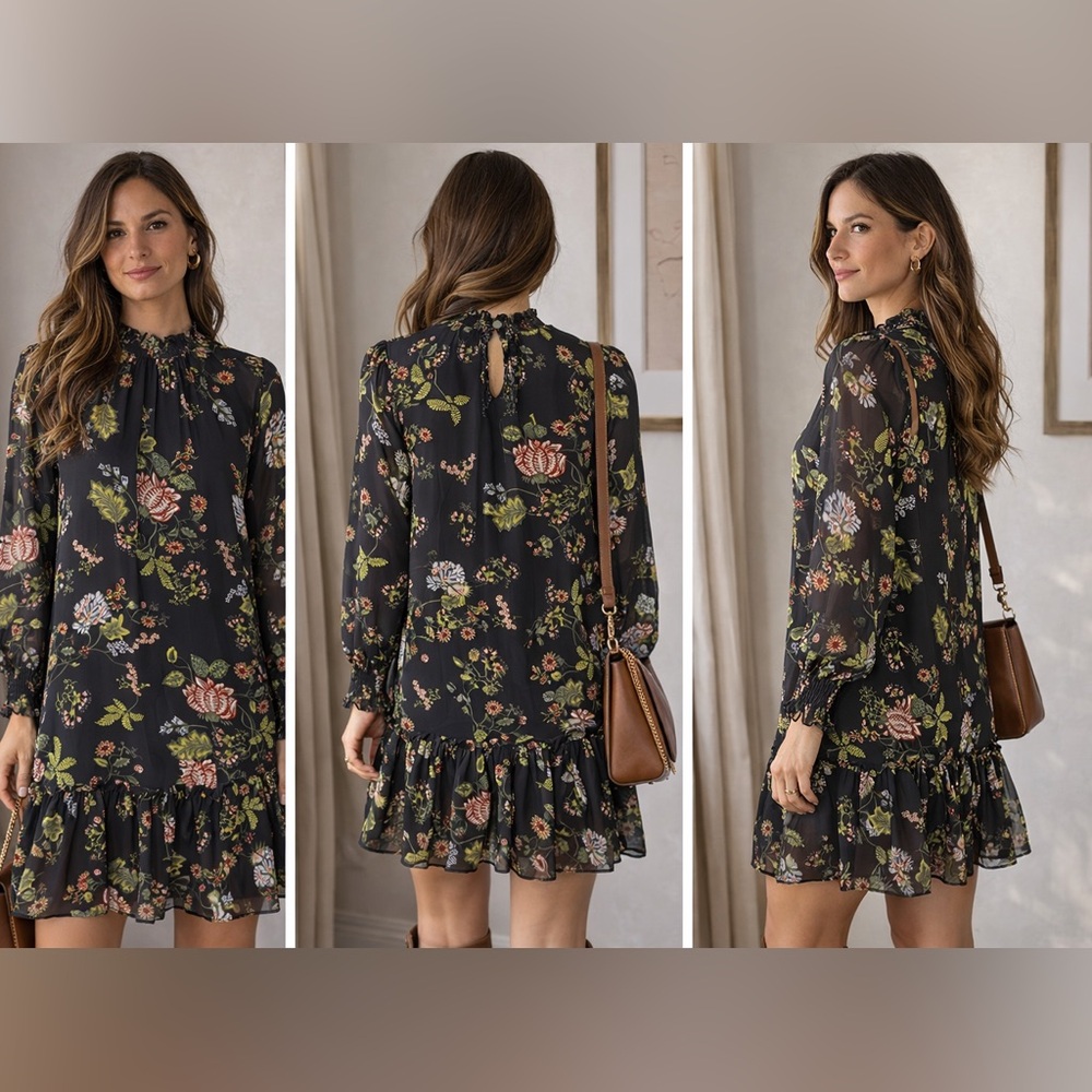 LOFT  Women’s Black Floral Midi Dress Romantic Boho Ruffle Size SP
